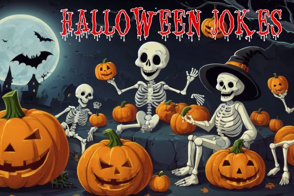 Funny halloween jokes illustration with people laughing