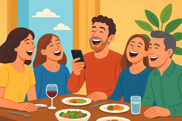 Adults laughing together while sharing funny jokes at a party.