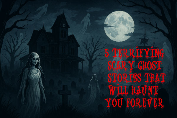 Illustration of scary ghost stories with haunted houses and eerie spirits in the USA