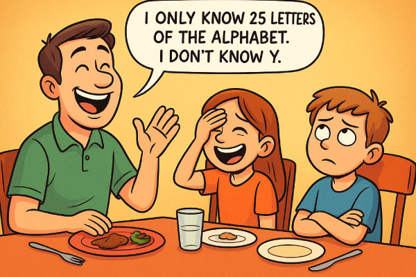 “Dad telling bad jokes to his kids while everyone laughs and groans