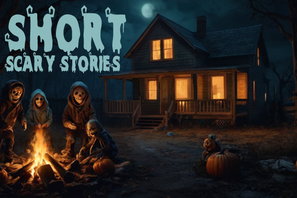 Illustration of short scary stories including a haunted house, creepy doll, hitchhiker ghost, and campfire storytelling.