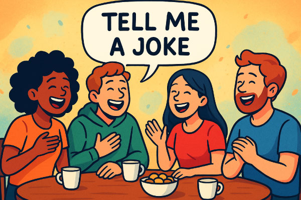 Friends laughing together while one person tells a joke at a table